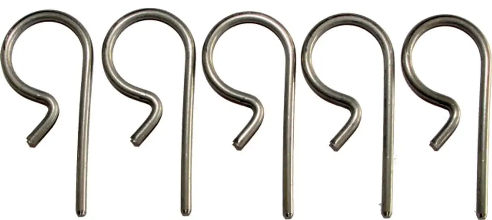 Fünf gebogene Metallstecker in Form eines Hakens, geeignet für Anwendungen von Wolf im Bereich der Befestigungstechnik.